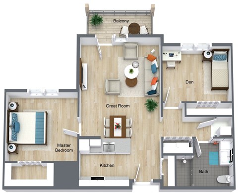 Floor plan for 2 beds, 1 bath, 938 sqft
